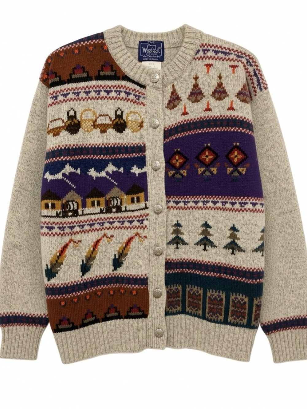 Vintage Woolrich Woman Fair Isle Cardigan Sweater – Size M – 85% Wool